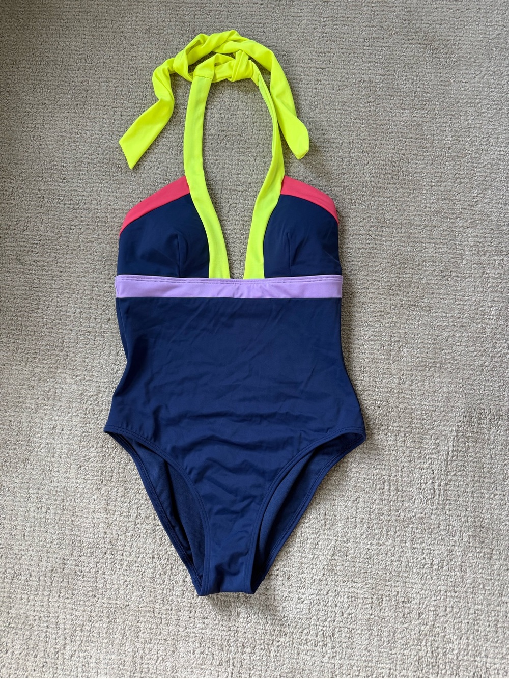 Women's Boden Neon-Trim Navy One-Piece Halter Top Swimsuit